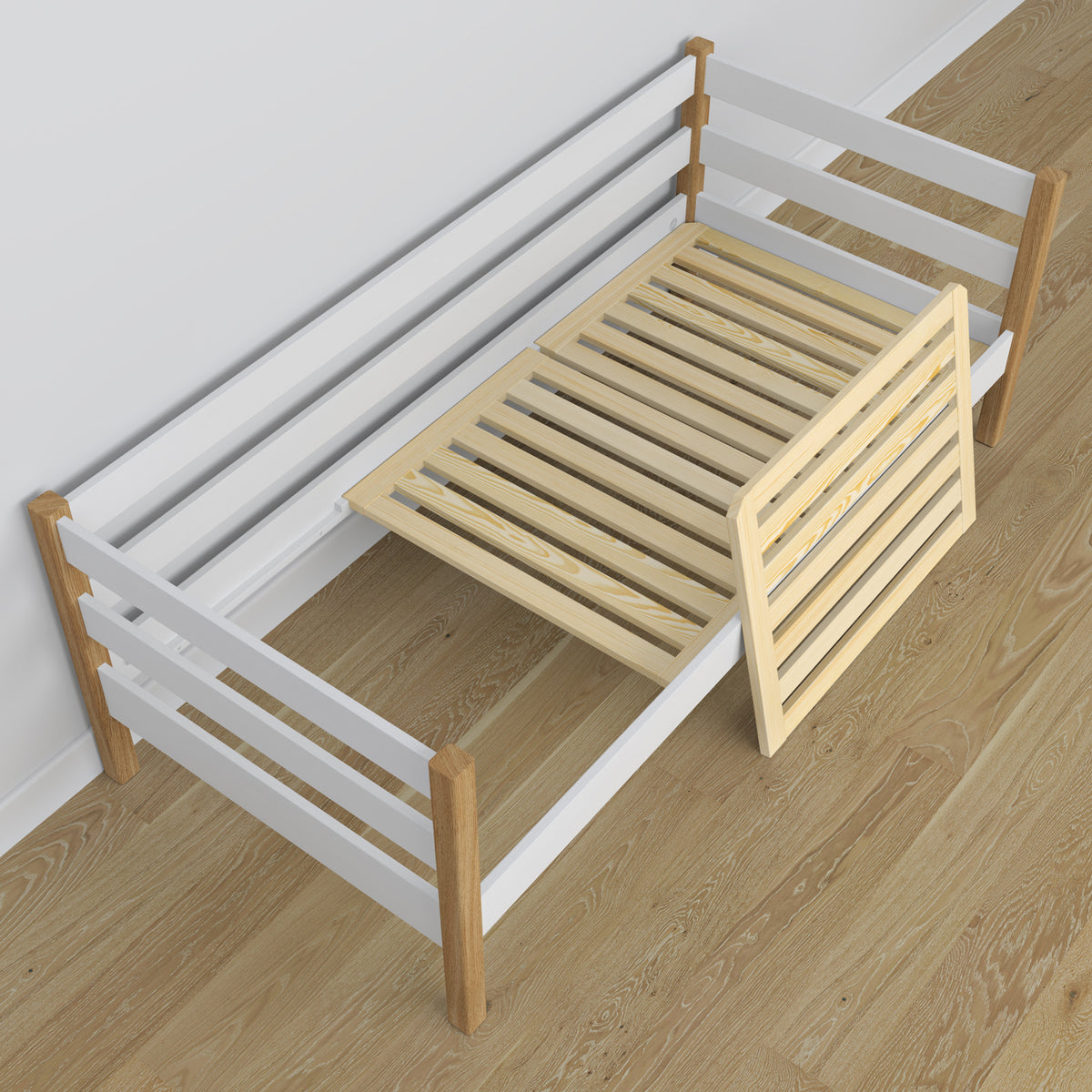 Łóżko sofa drewniane biało-dębowy – widok ukośny, scandi