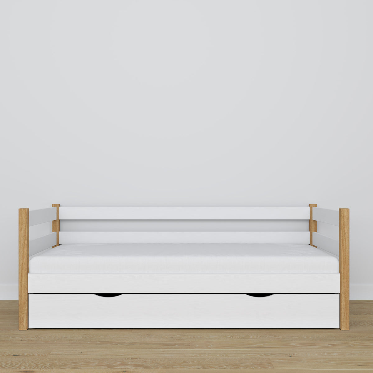 Łóżko sofa z szufladą biało-dębowy z drewna – wymiary i schemat, Nizio