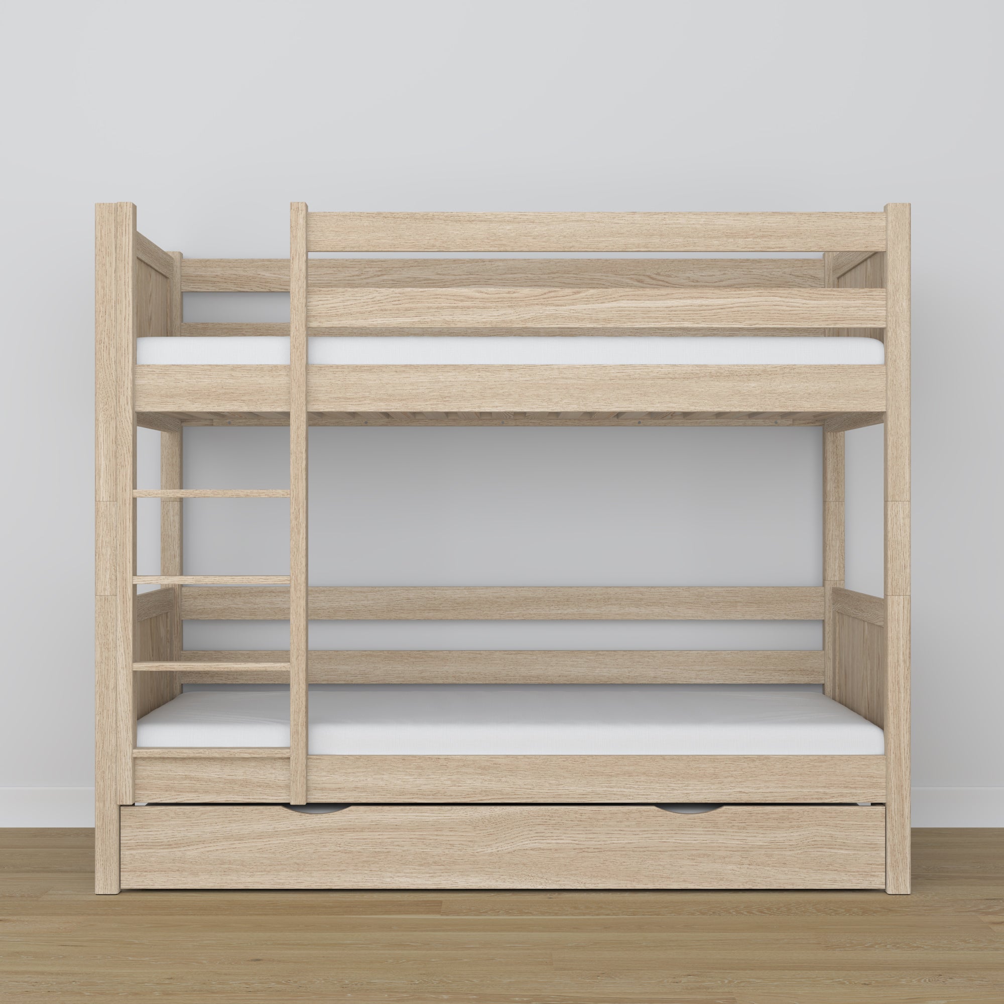 Bunk bed in bleached oak - oak frame with slats, mattress drawer