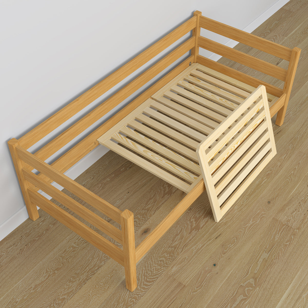 Medinė sofa-lova, natūrali pušis - vaizdas įstrižai, skandi