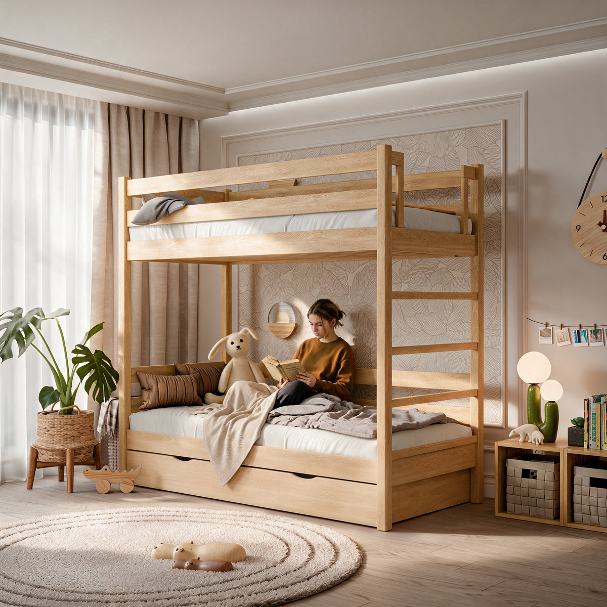 Ąžuolinė dviaukštė lova su stalčiumi N03, natūralaus ąžuolo