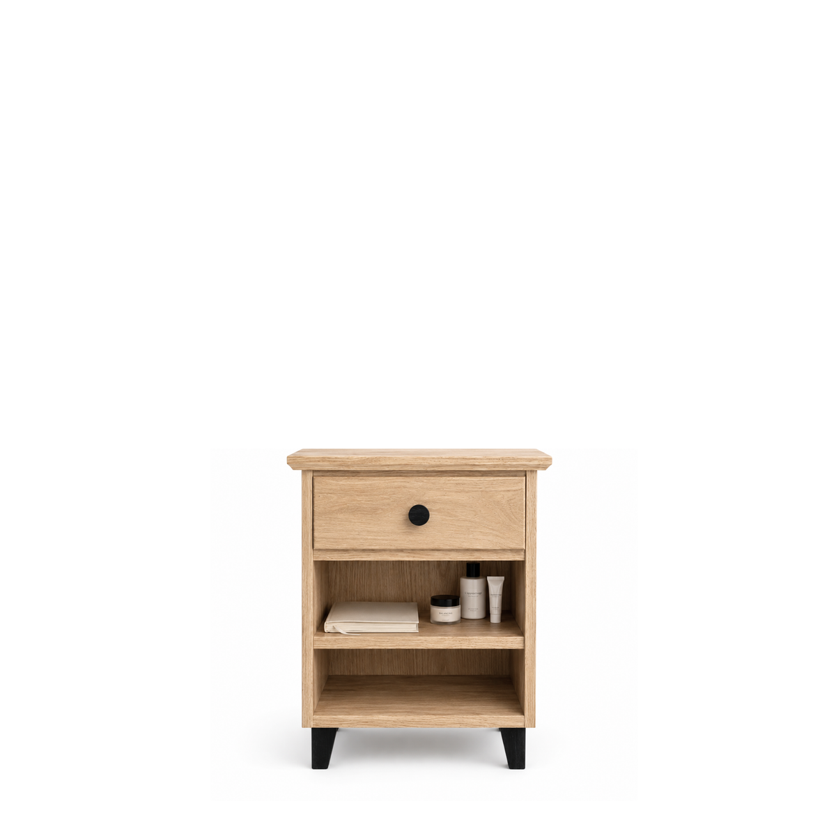 Ąžuolinė spintelė prie lovos 1S N02 Scandi natūralaus ąžuolo / juoda