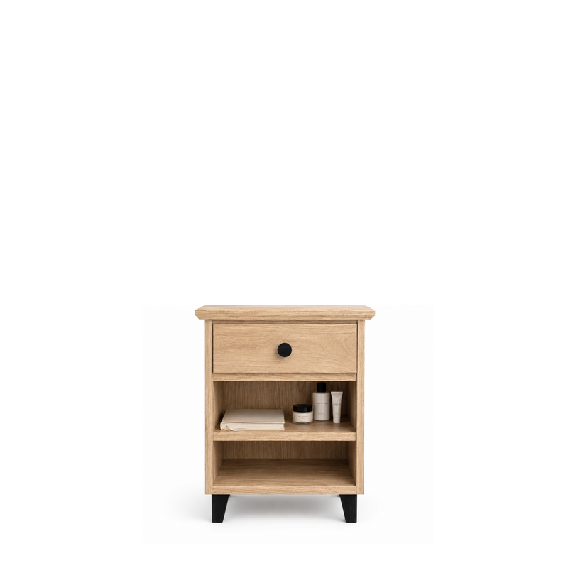 Ąžuolinė spintelė prie lovos 1S N02 Scandi natūralaus ąžuolo / juoda
